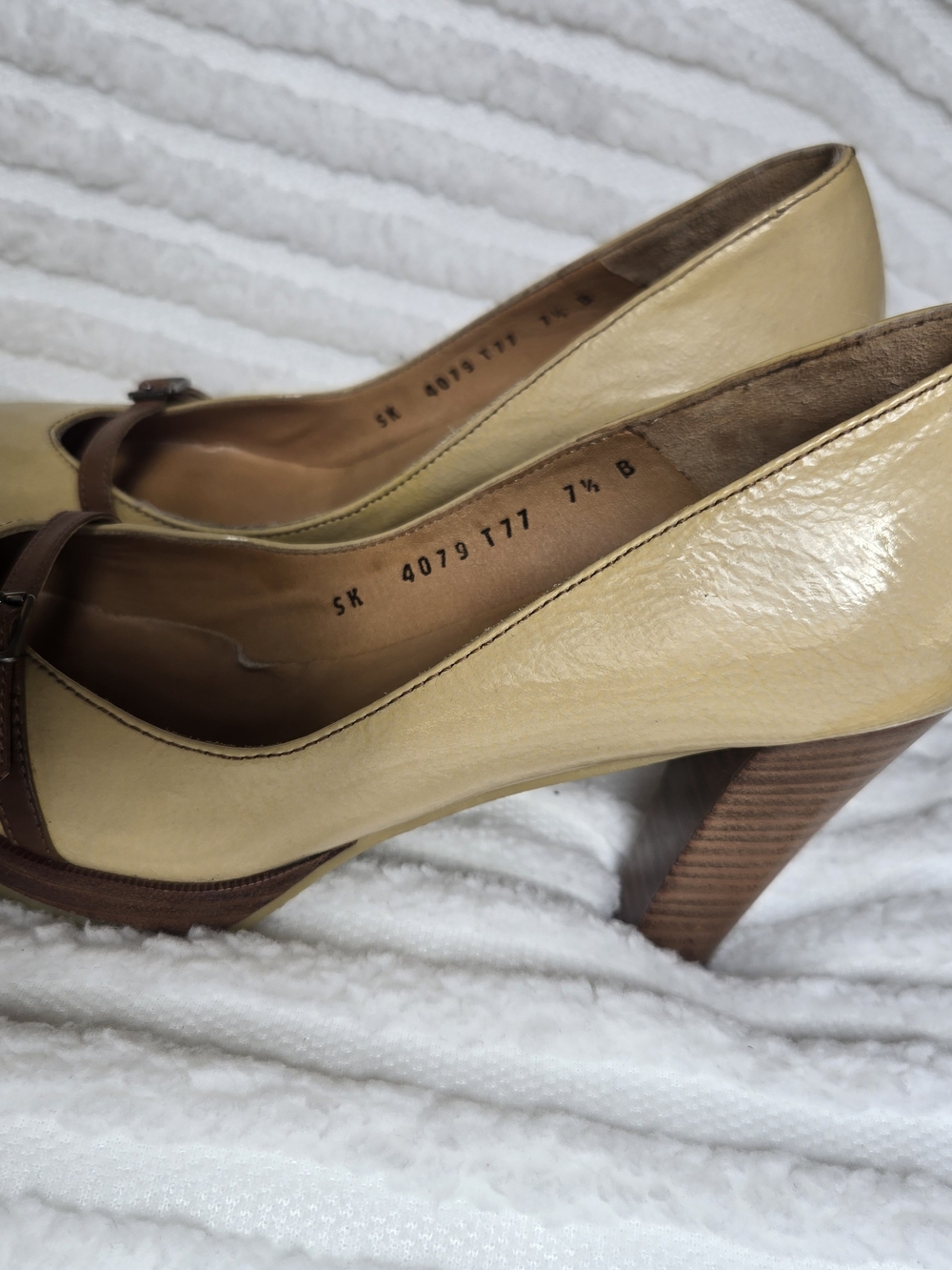 Salvatore Ferragamo Cream and Brown Leather Mid Heel Pumps